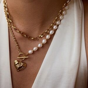 18K Gold Plated Heart and Freshwater Pearl Necklace